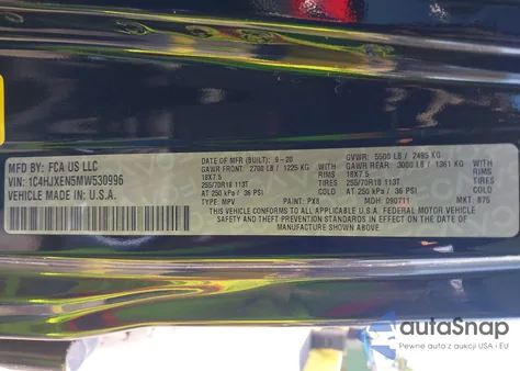 2021 Jeep Wrangler Unlimited Sahara Altitude 4X4 z USA, uszkodzony, nr VIN 1C4HJXEN5MW530996